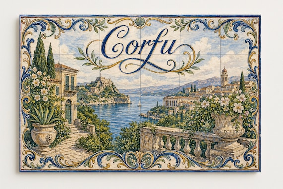 Mural de azulejos de cerámica de Corfú, Grecia, arte mural mediterráneo junto… — vista 4