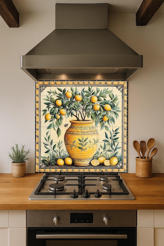 Mural de azulejos de cerámica con jarrón de limones mediterráneos — vista 2