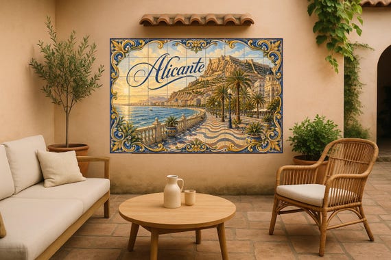 Mural de azulejos cerámicos del Castillo de Santa Bárbara de Alicante, decora… — Mural cerámico de Cerámicas La Noria