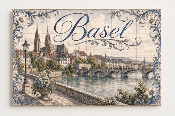 Mural de azulejos de cerámica de Basilea, panel de arte mural con paisaje urb… — vista 4