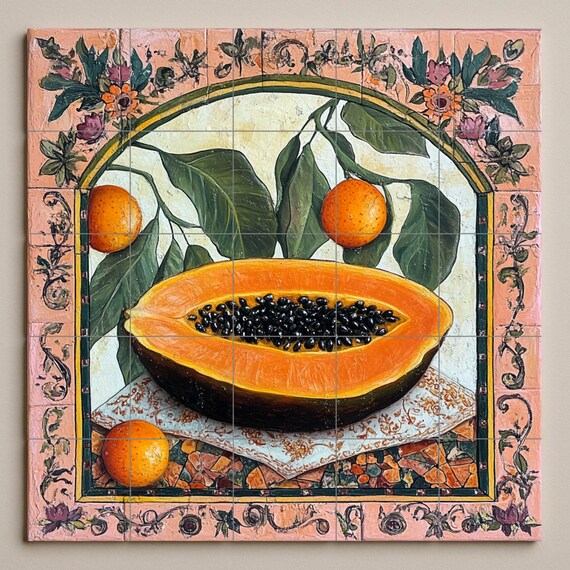 Mural de azulejos cerámicos botánicos coloniales con papaya y frutas cítricas… — vista 3