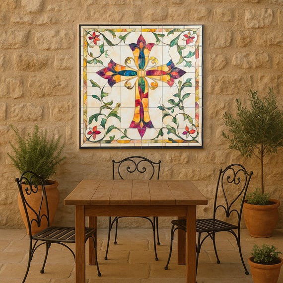 Mural de pared de cerámica con forma de cruz de colores con adornos florales,…