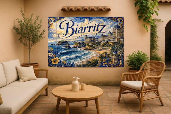 Mural de azulejos de cerámica de Biarritz, arte mural costero francés con el … — Mural cerámico de Cerámicas La Noria