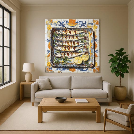 Mural de azulejos cerámicos de sardinas de Málaga con tradición marinera anda…