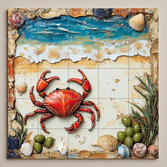 Mural de azulejos de cerámica con cangrejo costero — vista 3