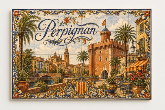 Mural de azulejos de cerámica de Perpiñán, arte mural mediterráneo francés co… — vista 3