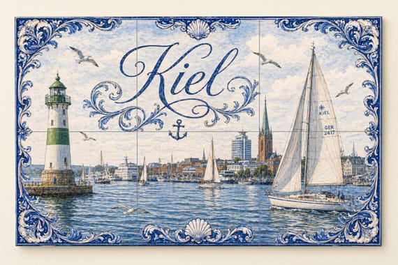 Mural de azulejos de cerámica de Kiel, arte mural del puerto del Mar Báltico,… — Mural cerámico de Cerámicas La Noria