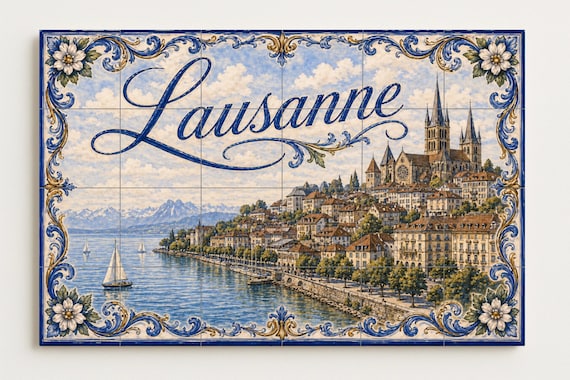 Mural de azulejos de cerámica de Lausana, Suiza; arte mural del lago Lemán; d… — vista 4
