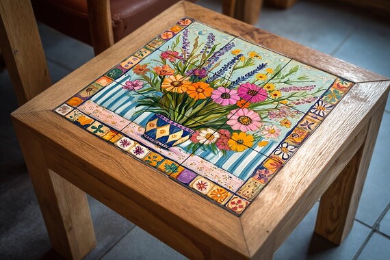Mural de azulejos de cerámica con un colorido ramo de flores silvestres en un… — vista 4