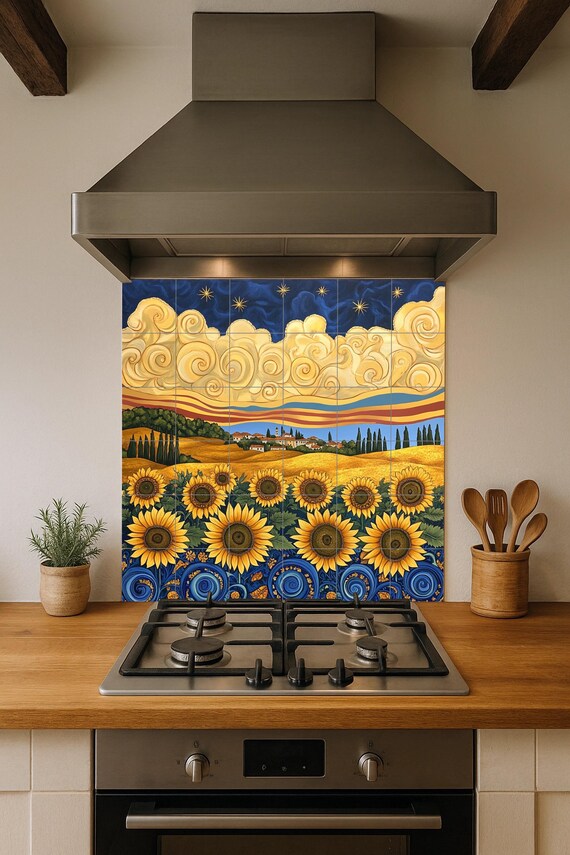 Mural de azulejos de cerámica en estilo Van Gogh con girasoles, cielo nocturn… — vista 4