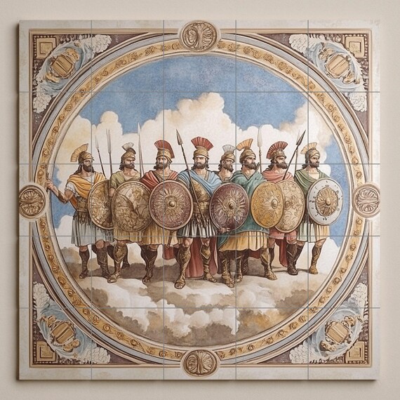 Mural de pared de cerámica de guerreros antiguos con soldados romanos y escud… — vista 3