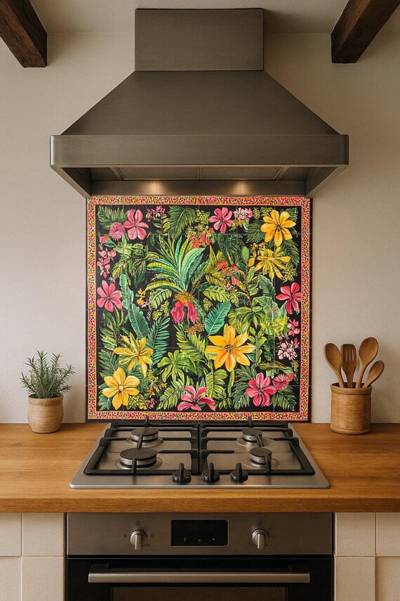 Mural de cerámica tropical con flores exóticas — vista 3