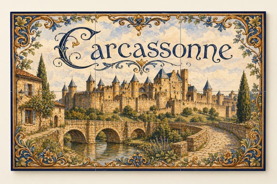 Mural de azulejos de cerámica de Carcasona, arte mural de un castillo medieva…