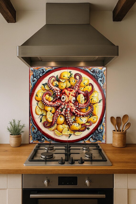Mural de azulejos cerámicos con pulpo a la gallega con patatas y limones, pla… — vista 2
