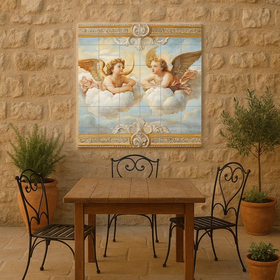 Mural cerámico de ángeles querubines renacentistas, inspirado en los putti de…
