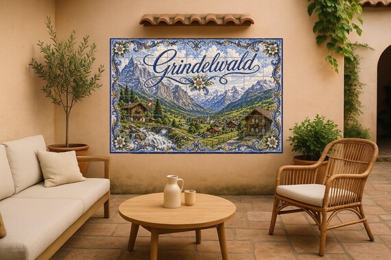 Mural de azulejos de cerámica de los Alpes suizos de Grindelwald, decoración … — vista 2