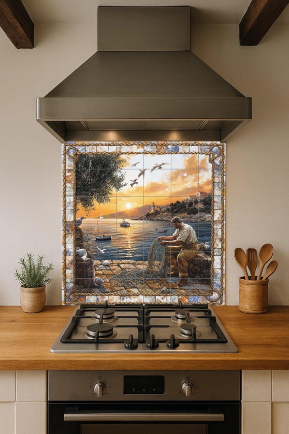 Mural de azulejos de cerámica con un pescador reparando una red junto al mar,…