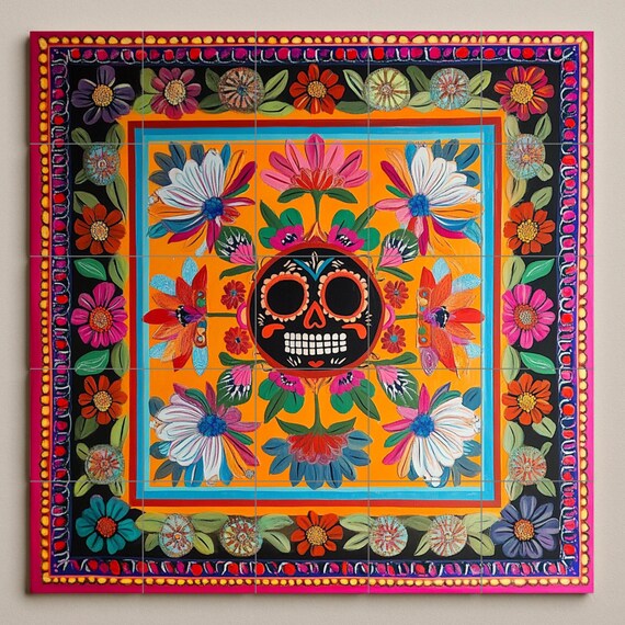 Mural de pared de cerámica del Día de Muertos con calavera de azúcar mexicana… — vista 3