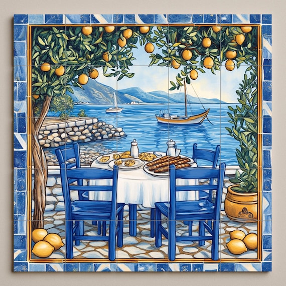 Mural de azulejos de cerámica de limoneros de Amalfi con mesa de comedor junt… — vista 3