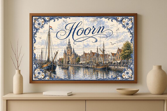 Mural de azulejos de cerámica del puerto histórico de Hoorn, barcos de vela h… — vista 3