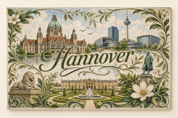 Mural de azulejos de cerámica de Hannover, Alemania, arte mural con paisaje u… — vista 3