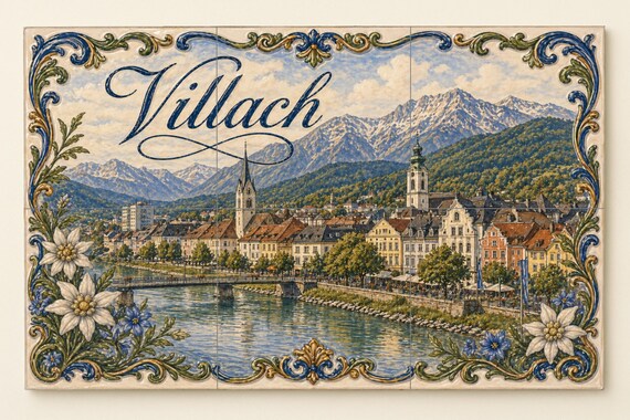 Mural de azulejos de cerámica de Villach Alpine Riverside Austria, río Drau y… — vista 3