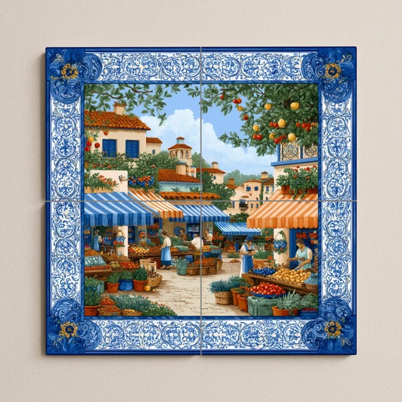 Mural de azulejos de un mercado mediterráneo
