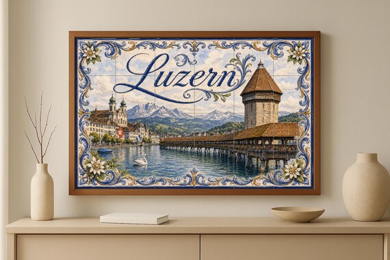 Mural de azulejos de cerámica de Lucerna, Suiza, arte ribereño de lago suizo,… — vista 3
