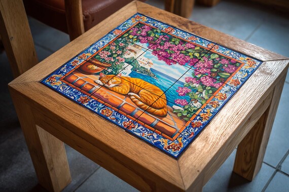 Mural de azulejos de cerámica con gato naranja durmiendo sobre baldosas de te… — vista 4