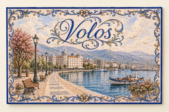 Mural de azulejos de cerámica de Volos, Grecia, arte mural del puerto griego,…