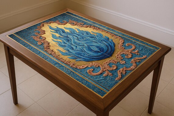 Llama azul sobre mosaico dorado — vista 2