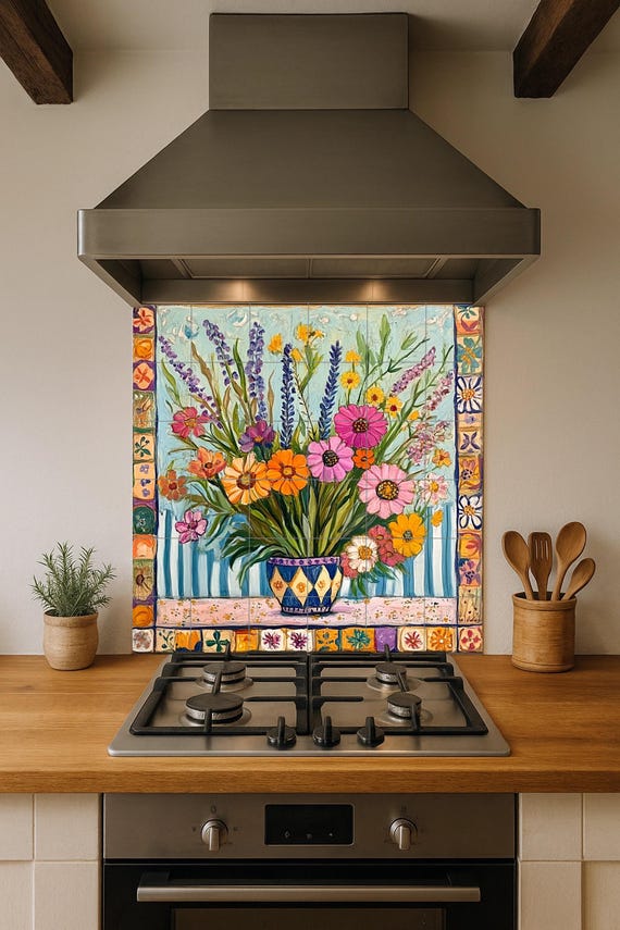 Mural de azulejos de cerámica con un colorido ramo de flores silvestres en un…