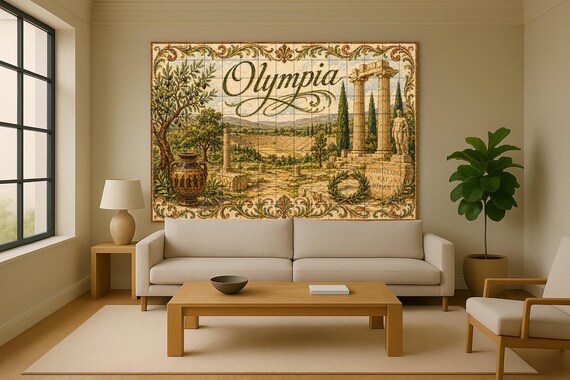 Mural de azulejos de cerámica de Olimpia, Grecia, arte mural de ruinas olímpi… — vista 2