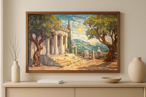 Mural de azulejos de un templo griego