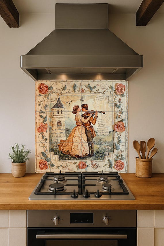 Mural de pared de cerámica de pareja romántica con serenata de violín y borde…