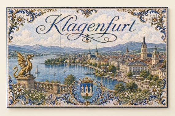 Mural de azulejos cerámicos de Klagenfurt Wörthersee Austria, dragón Lindwurm…