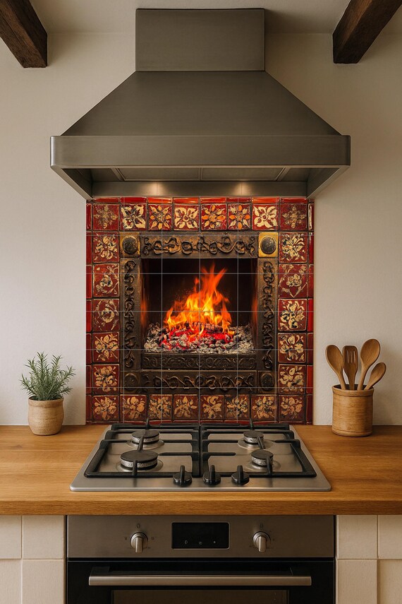 Mural de azulejos de cerámica con chimenea encendida y llamas brillantes, bor… — vista 2