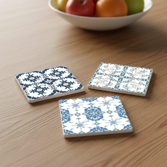 Azulejos portugueses - Posavasos de cerámica azul y blanca — Posavasos de cerámica y corcho de Cerámicas La Noria