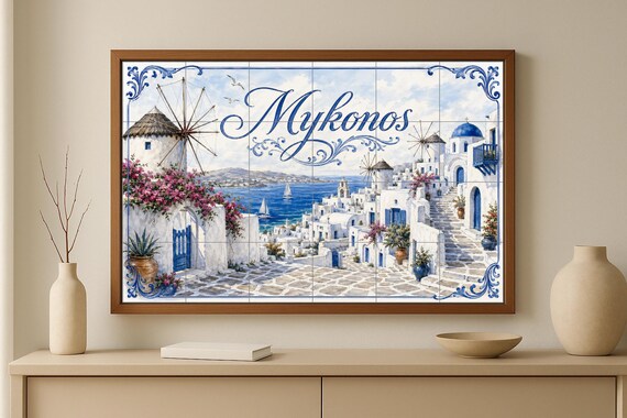 Mural de azulejos de cerámica de Mykonos, arte mural costero mediterráneo, pa… — vista 3