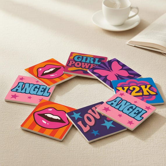 Estilo pop art Y2K — Posavasos de cerámica y corcho de Cerámicas La Noria