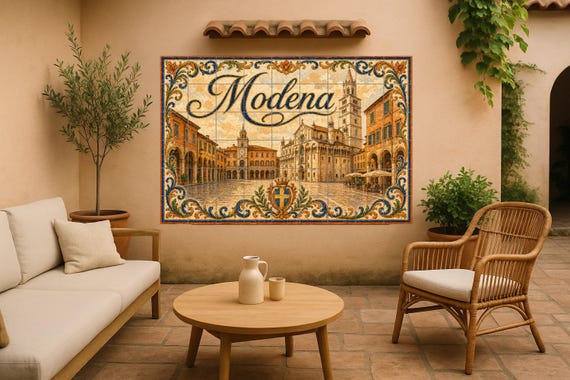 Mural de azulejos de cerámica de Módena, Italia, arte mural de Emilia-Romaña,…