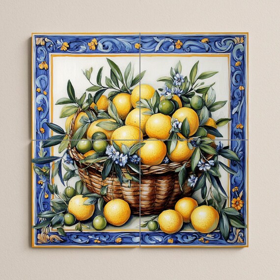 Mural cerámico con cesta de limones y naranjas — vista 3
