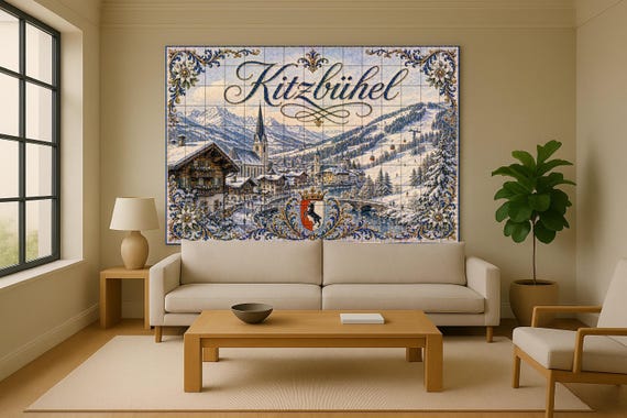 Mural de azulejos de cerámica de Kitzbühel, Austria, estación de esquí alpina… — vista 2