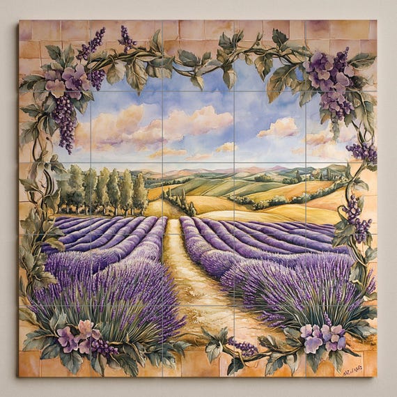 Mural de pared de cerámica con campo de lavanda y marco de vides de la Toscan… — vista 3