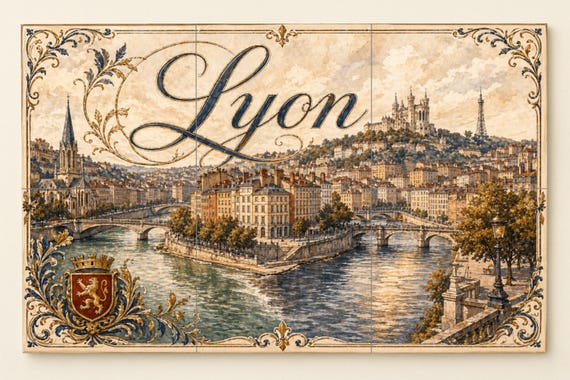 Mural de azulejos de cerámica a orillas del río Lyon, decoración de pared de …