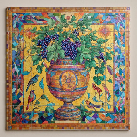 Mural de mosaicos cerámicos romanos con urna de vid e imágenes de viñedos báq… — vista 2
