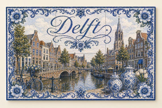 Mural de azulejos de cerámica de Delft, Países Bajos, decoración de pared con…