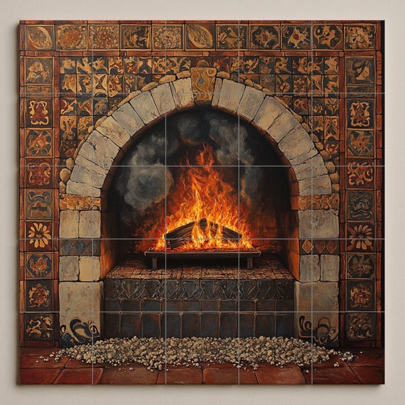 Mural de azulejos de cerámica con chimenea rústica y arco de piedra toscana, … — vista 3