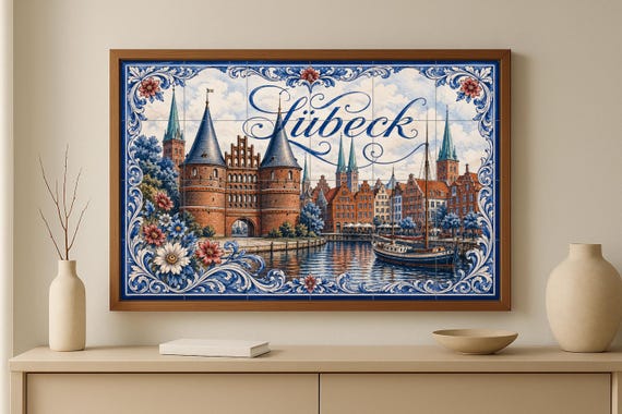 Mural de azulejos de cerámica de Lübeck, arte mural del puerto hanseático, de… — vista 2