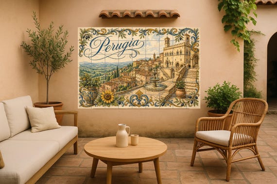 Mural de azulejos de cerámica de Perugia, arte mural de Umbría italiana con a…